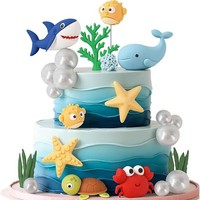 Ensemble de décoration de gâteau sur le thème des animaux marins : Requin, Crabe, Baleine, Tortue, Poisson-bouffant, Corail, Étoile de mer, Bulle sous la mer – Fournitures d'anniversaire