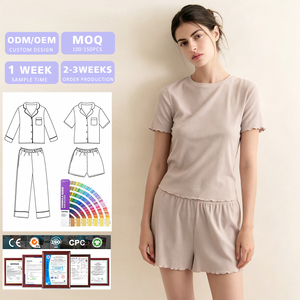 Conjunto de Dos Piezas Personalizado para Mujer, Top de Manga Corta con Cuello Redondo de Bambú y Algodón y Pantalones Cortos con Volantes, Conjunto de Pijama - Product Image 1