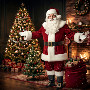 Conjunto de Disfraz de Santa Claus, Traje Navideño Completo con Abrigo de Terciopelo Rojo, Pantalones, Gorro, Cinturón, Barba, Guantes y Accesorios Navideños - Product Image 1