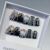 Lot de 10 faux ongles à presser faits main en forme de canard, noirs et argentés, style punk, avec étoiles, cœurs, croix, pointes et strass, en acrylique, couverture complète