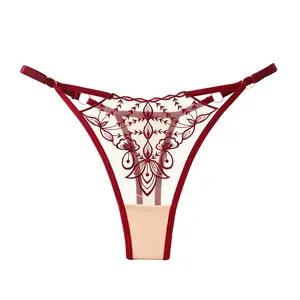 新款设计法国内衣性感成熟女内裤透明冰丝蕾丝丁字裤朱红色性感女裤热裤