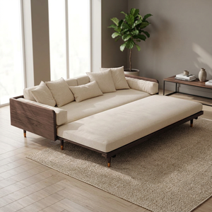 Lit de repos moderne en teck massif avec coussin rembourré, plateforme allongée et design minimaliste contemporain - Product Image 2