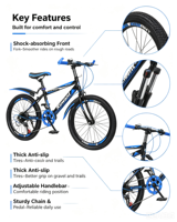 Vélo de montagne VTT pour enfants, avec amortisseur, vitesses variables, pneus antidérapants, garde-boue, pour garçons, cyclisme en plein air