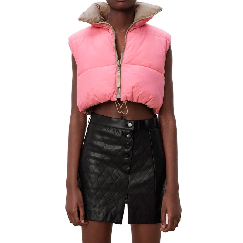 Autumn Winter Warmly Pink Short Reversible Waistcoat Chic Lady Zipper Cotton Jackets Vest
