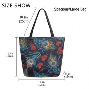 Bolso de mano elegante con plumas de pavo real, bolso grande de lona para el hombro, bolso de compras duradero y reutilizable - Product Image 2