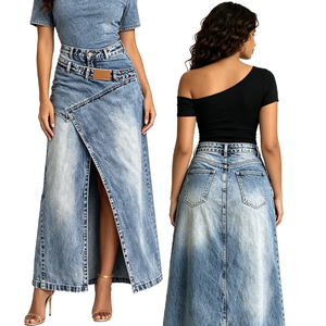 Pantalone Gonna in Denim Stratificato Avant-Garde da <span class=keywords><strong>Donna</strong></span>, <span class=keywords><strong>con</strong></span> Doppia Vita Deconstruita, Modello Maxi Avvolgente, Stile High Street, Effetto Lavato 2026 - Product Image 1
