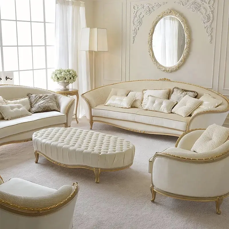 Set di divani da salotto di lusso in tessuto bianco oro