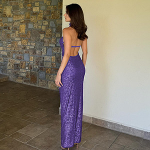 Vestido Halter Bodycon con Lentejuelas, Falda Larga, Sin Espalda, Sin Mangas, Elegante Vestido de Noche - Product Image 4