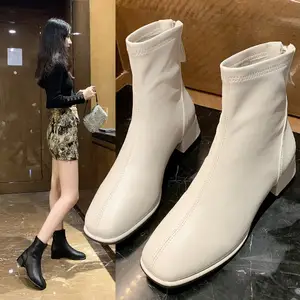 Fashion Pointed Toe Stacked Chunky Block Heel Ankle Boots Faux Leather Booties Comfortable Women Chelsea Boot