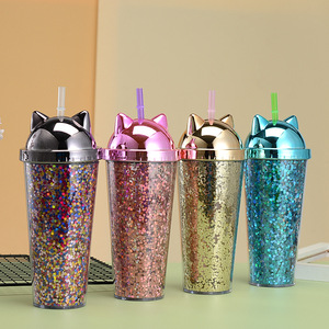Zhen Ai Cat Ear Sequined Water Cup Led Flashing Plastic Drinkware For Party Couple Gift - Product Image 3