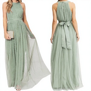 Elegant Wedding Womens Lady Quinceanera Prom Sage Green Plus Size Sleeveless Halter Neck Pleated Long Bridesmaid Empire Draped - Product Image 3