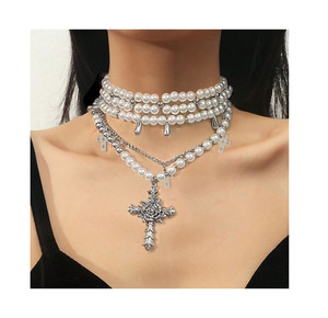 Bijoux pour femmes élégants et personnalisés à la mode <span class=keywords><strong>Collier</strong></span> à chaîne de chandail en pendentif avec <span class=keywords><strong>double</strong></span> croix en perles blanches empilées multicouches exagérées - Product Image 1