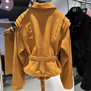 Veste en daim ajustée à bouton unique pour femme avec ceinture en cuir d'agneau véritable, collection automne 2026, couleur unie, élégante - Product Image 5