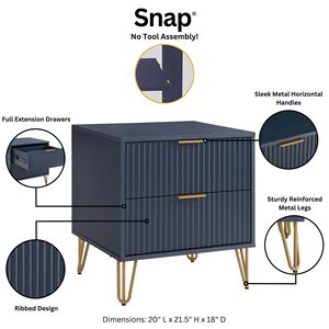 Mesita de noche en azul medianoche con patas doradas y unidad de almacenamiento con diseño acanalado - Product Image 4