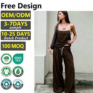 High Quality Women Summer Two Piece Suit Sleeveless Contrast Binding Camisole Elastic Waist Wide Leg <b>Trousers</b> Casual Outfit <b>Set</b> - Product Image 1