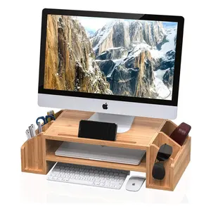 Moniteur d'ordinateur portable en bois bambou, 2 niveaux, avec organisateur de rangement réglable, support pour bureau