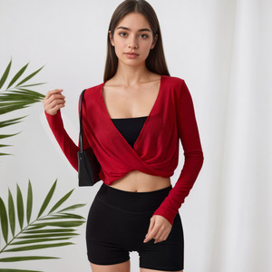 Aoyema V-Neck <strong>Cross</strong> Yoga Cropped <strong>Top</strong> Casual Running Fitness Pilates Autumn Breathable Outerwear Long Sleeve Dry <strong>Top</strong> - Product Image 5