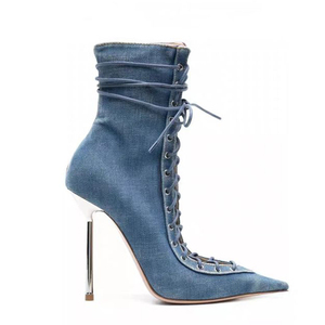 Summer Autumn Lace-Up ZIP Ankle <b>Boots</b> High Top Sexy Women's Denim Short Slim Heels Big Size 48 - Product Image 4