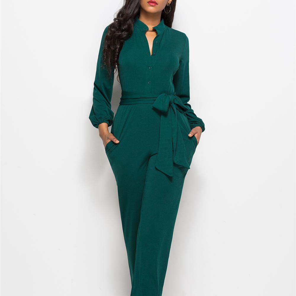 China Autumn winter new Sexy hot-selling women's fashion solid color long sleeve long wide leg jumpsuit long jumpsuit