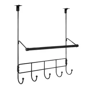 Clamp Adjustable Over The Door Hanger with Basket, Built-in 5 Hooks Metal Storage Shelf Rustproof for Bathroom Kitchen Office