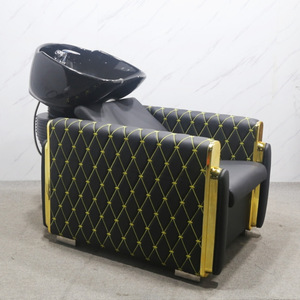Black PU Leather Shampoo Chair with Gold Trim Contemporary Salon Furniture for Commercial Use - Product Image 1