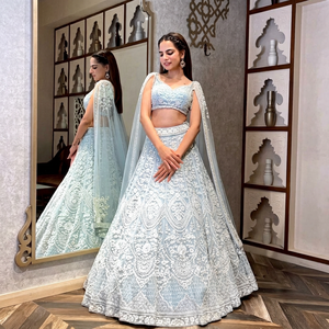 Women's <b>Light</b> <b>Blue</b> Silk <b>Lehenga</b> Choli With Embroidered Skirt Traditional Indian Pakistani Wedding Outfit Floor-Length Regular - Product Image 1