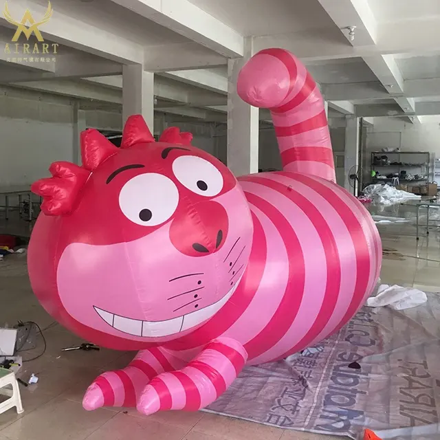Happy Birthday Dekorasi Pesta Tiup, Maskot Kucing Berbaring Kucing Merah Muda dengan Lampu Warna-warni