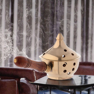 Quemador de Incienso Orgánico de Latón Macizo Hecho a Mano, Bakhoor Mabkhara, Soporte Aromático con Asa de Madera, Uso Tradicional, Decoración del Hogar, Regalos - Product Image 3