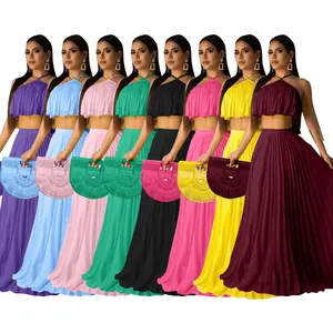 Hot Selling Ladies Halter Neck Sleeveless Chiffon Maxi Dress 2 piece sets for women