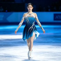 Robe de patinage artistique à manches longues et dos nu, dégradé bleu et blanc, avec strass en maille pour enfants et adultes, pour les compétitions sur glace