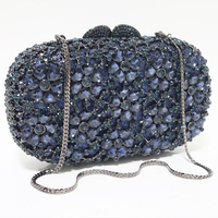 Tas Pesta Wanita Kristal Rhinestone & Berlian Biru Dongker Motif Bunga untuk Pernikahan, Acara, dan Malam Hari, Dompet Clutch Berhias Batu