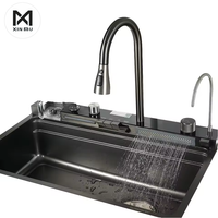 Baleine volant pluie cascade 304 acier inoxydable unique grand évier de cuisine multifonctionnel ménage légumes lavage quatre trous