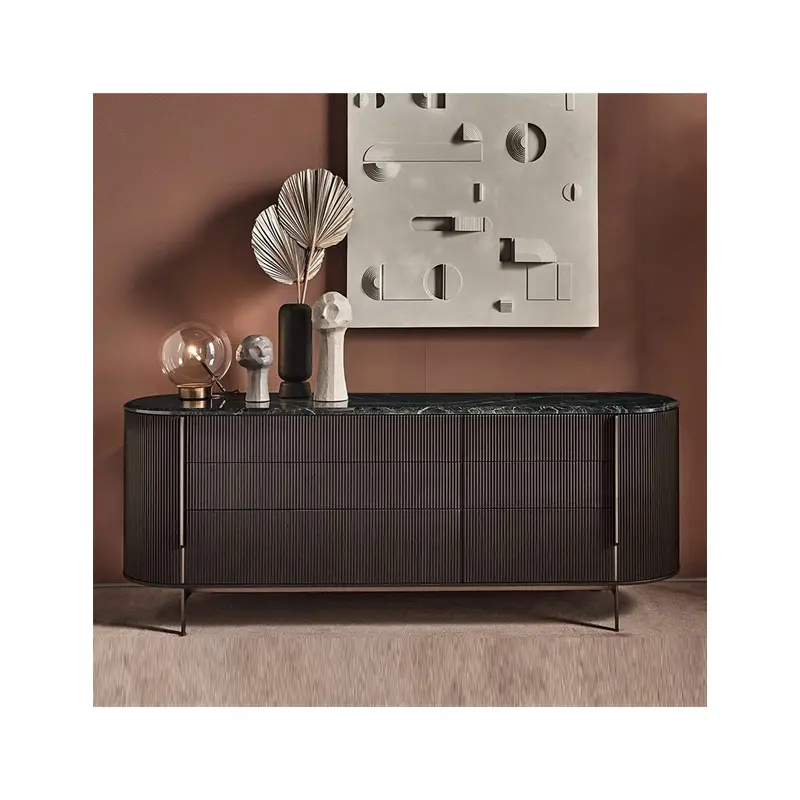 Papan samping marmer mewah Modern, papan samping kayu hitam Curio bulat kabinet prasmanan logam emas penyimpanan dapur untuk ruang tamu