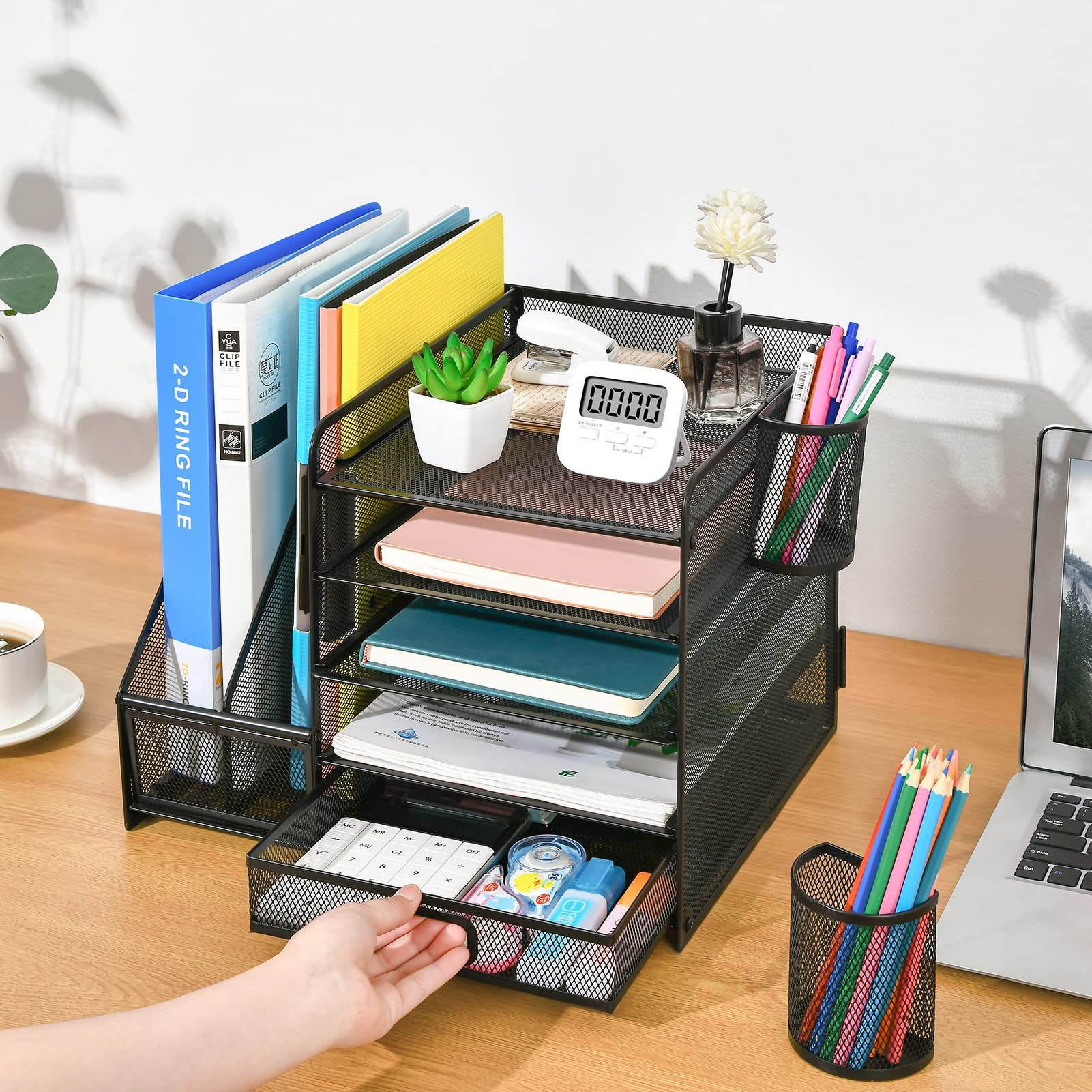 Organiseur De Bureau 5 Niveaux - Porte Documents, Tiroir, Porte Stylos - En Maille Métallique - 35x30.5x28cm