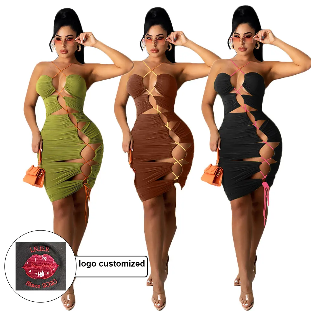 2021 새로운 도착 꽉 맞는 드레스 패션 여성 도매 문자열 드레스 레이스 고삐 솔리드 bodycon 클럽 섹시한 드레스