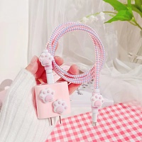 Funda protectora de Cable de carga suave con diseño de Pata de Gato rosa, conjunto de enrollador de cables en espiral para Iphone 12 y Apple 18W y 20W