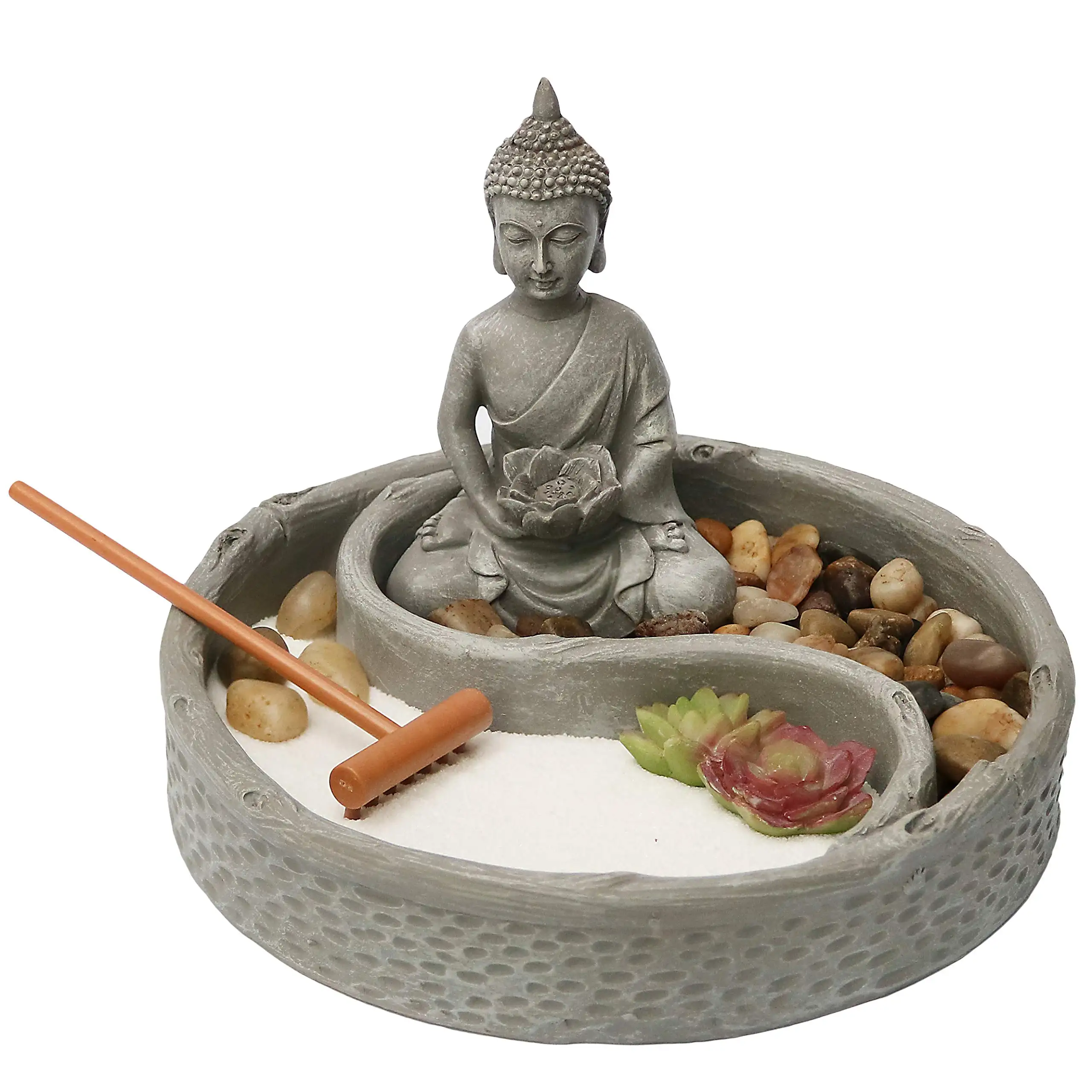 Mini Zen Garden Set for Lotus, Buddha Sculpture, Rake and Natural Sand River Rock Table/Desk Decor Gift Set for Home and Office