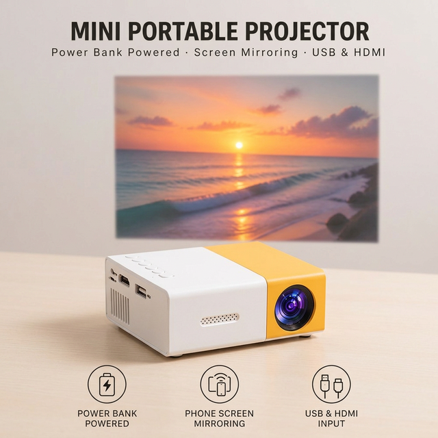 Mini Projector  USB Input Portable LED Projector Power Bank Powered Home Theater Movie Player Smart Phone Screen Mirroring