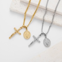 Bijoux religieux en acier inoxydable plaqué or PVD, pendentifs ovales croix de Jésus et Vierge Marie, colliers pour hommes et femmes