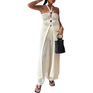 Conjunto de Top Halter y Pantalones de Ganchillo para Mujer, Verano 2026, Transpirable, con Diseño Calado y Decoración Floral 3D, Ropa de Playa - Product Image 2