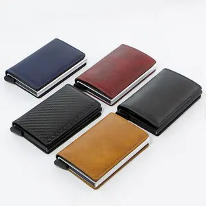 RFID Blocking Function PU Leather Automatic Pop Up Credit Card Holder Wallet With Metal Card Box