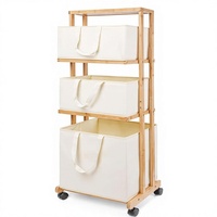 Panier à linge moderne en bambou à 3 niveaux avec roulettes, conteneur amovible et poignée, autoportant, pour salle de bain et salon