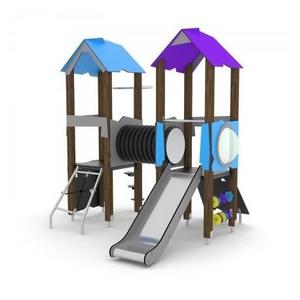 Château de jeu d'extérieur à double tour avec toboggan et panneaux d'escalade - Product Image 1