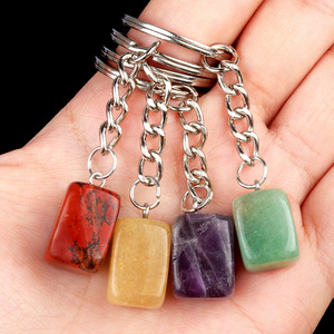 Hot Sales Mixed Stone Rectangular Keychain Healing Stones Rose Quartz Amethyst Rectangular Key Chain for DIY Gift