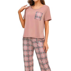 Pijamas de Verano de Seda de Leche a Cuadros de Lujo para Mujer, Conjunto de 2 Piezas con Cuello Redondo y Mangas Cortas, Estilo Europeo y Americano - Product Image 3