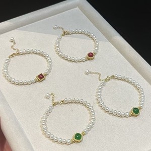 Natural Freshwater Pearl Elastic <b>Rope</b> <b>Bracelet</b> for Women New Chinese Style Light Luxury Versatile Cinnabar Jade Fashion Brooches - Product Image 1