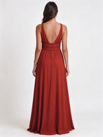 Robe de soirée longue pour femme, design personnalisé OEM, col en V profond, taille à corde tressée, fente latérale, coupe trapèze, pour soirée formelle