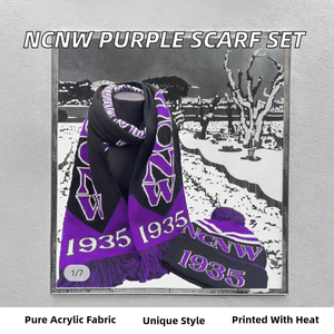 <span class=keywords><strong>Ensemble</strong></span> écharpe et <span class=keywords><strong>bonnet</strong></span> en tricot d'hiver personnalisé, écharpe longue en jacquard acrylique violette et blanche, conseil national des femmes noires, NCNW 1935 - Product Image 2