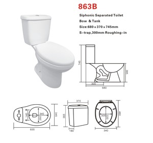 WC Mingliu Moderno Allungato Bianco con Scarico a S 300mm, in Ceramica, a Due Pezzi, con Doppio Scarico a Sifone e Chiusura Rallentata - Product Image 3