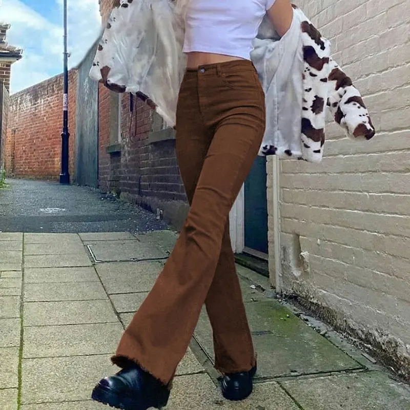 Vintage Solid Brown Jeans Flare Y2K High Waist Aesthetics Slim Fit Denim Pants Fashion Boot Cut Jeans For Women